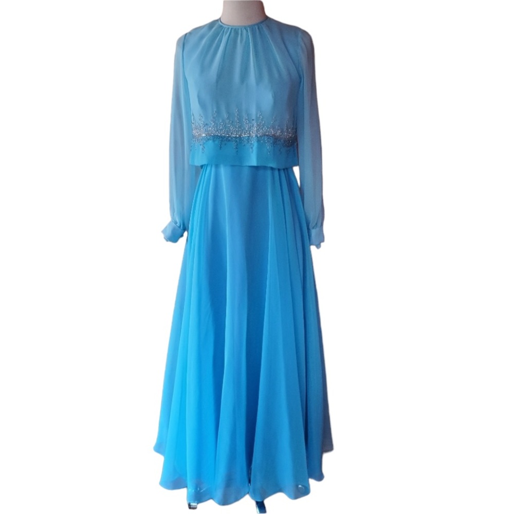 1970s Glamorous‎ Miss by Agnes K Blue Chiffon Gown